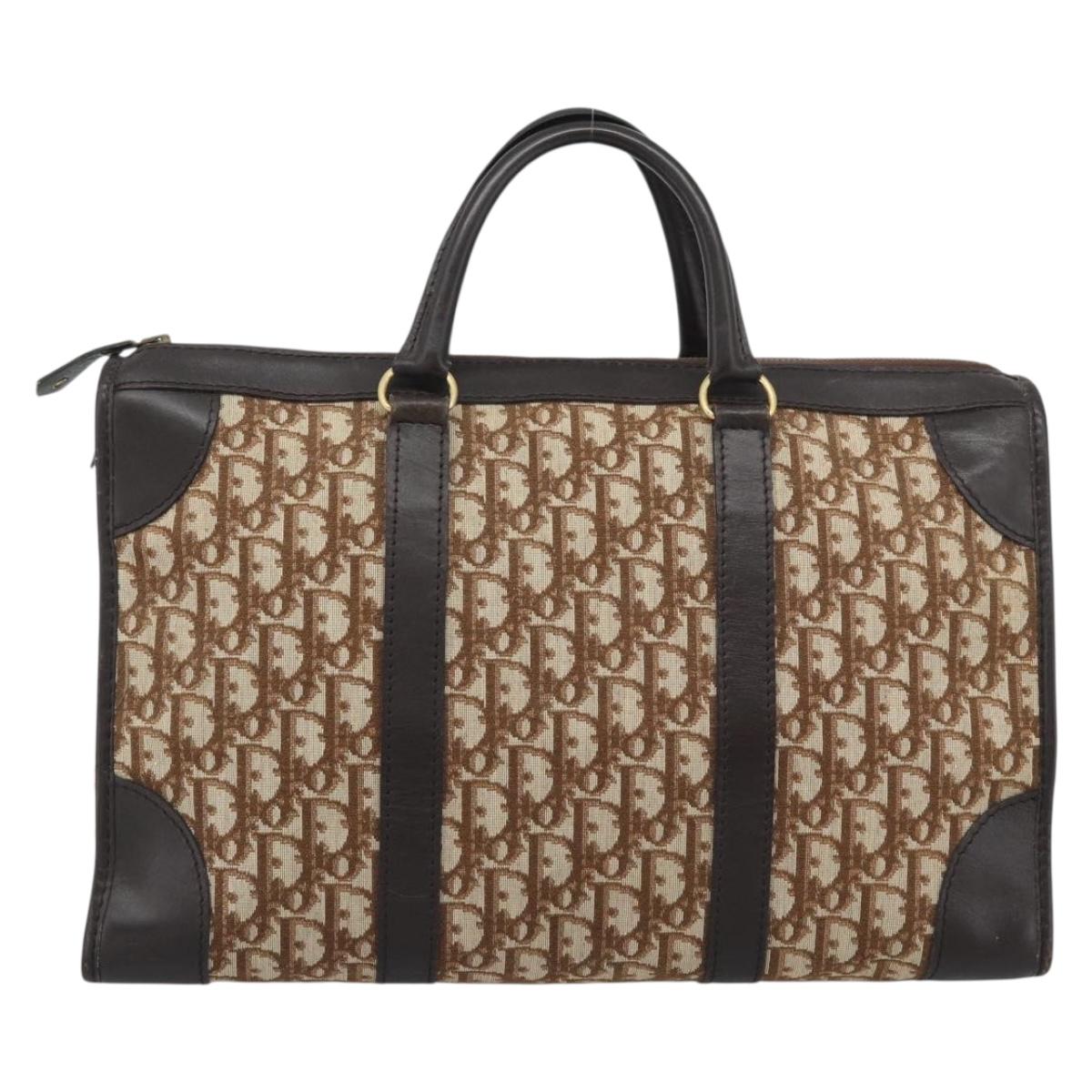 Christian Dior Trotter Canvas Boston Bag Beige Gold Tone Auth gh2254