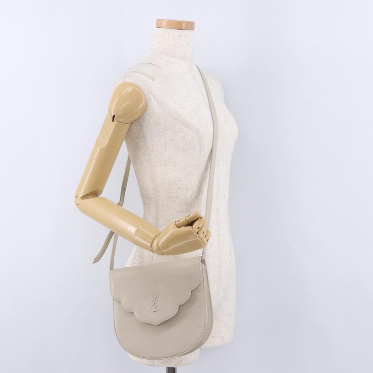 SAINT LAURENT Shoulder Bag Leather Beige Gold Tone Auth gh2258