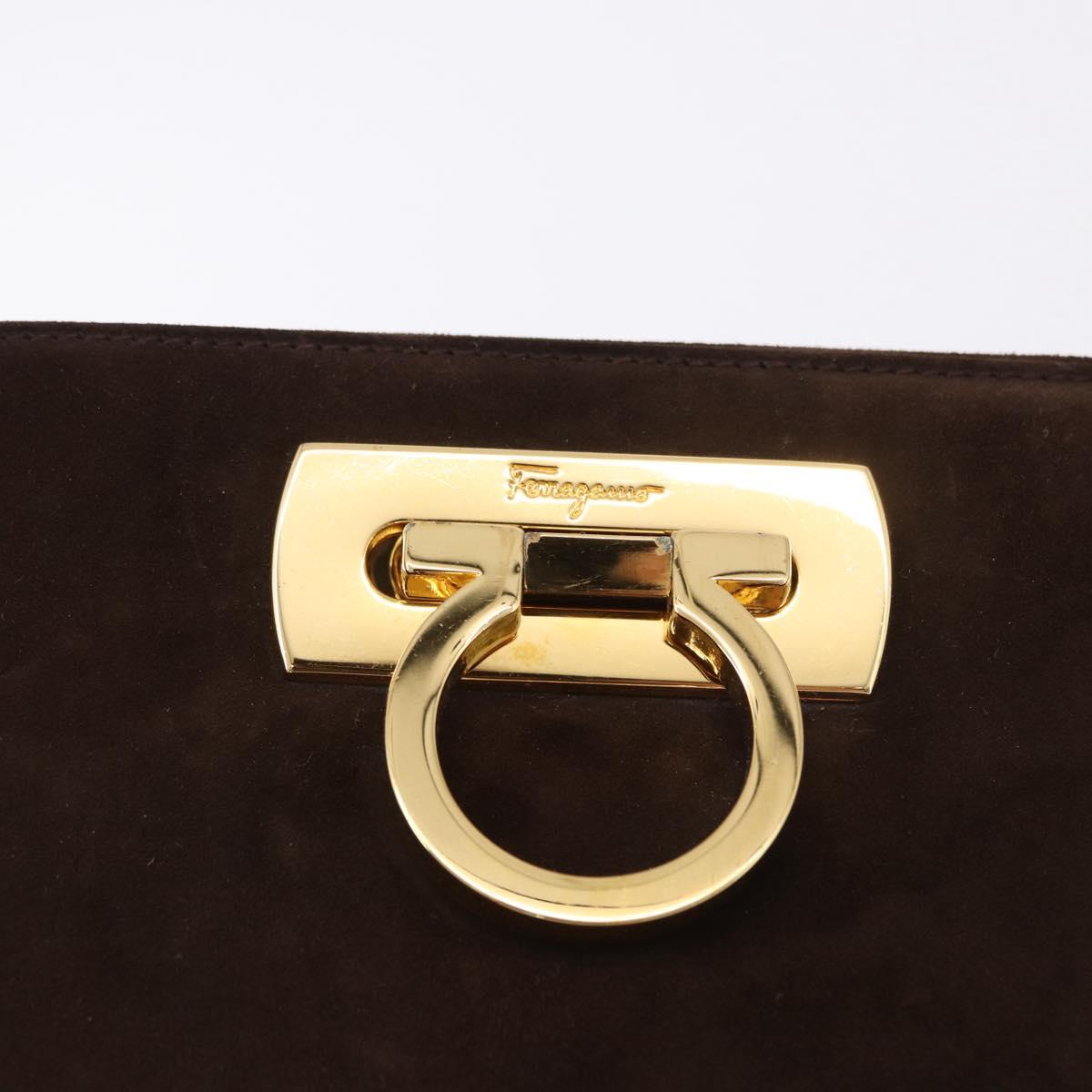 Salvatore Ferragamo Gancini Chain Shoulder Bag Suede Brown Gold Tone Auth gh2265