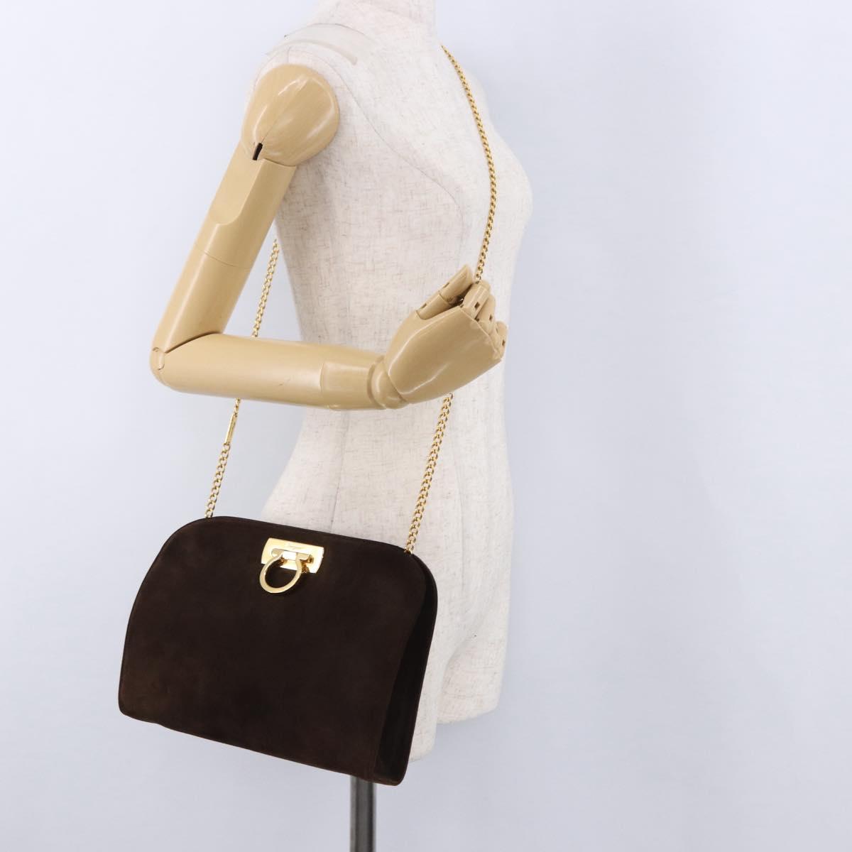Salvatore Ferragamo Gancini Chain Shoulder Bag Suede Brown Gold Tone Auth gh2265