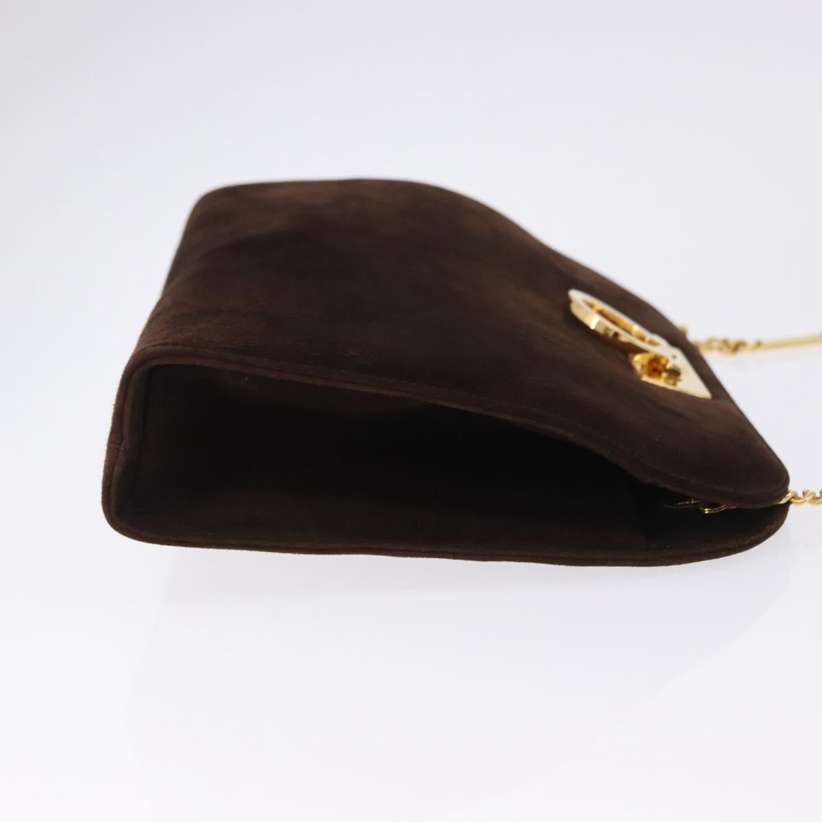 Salvatore Ferragamo Gancini Chain Shoulder Bag Suede Brown Gold Tone Auth gh2265