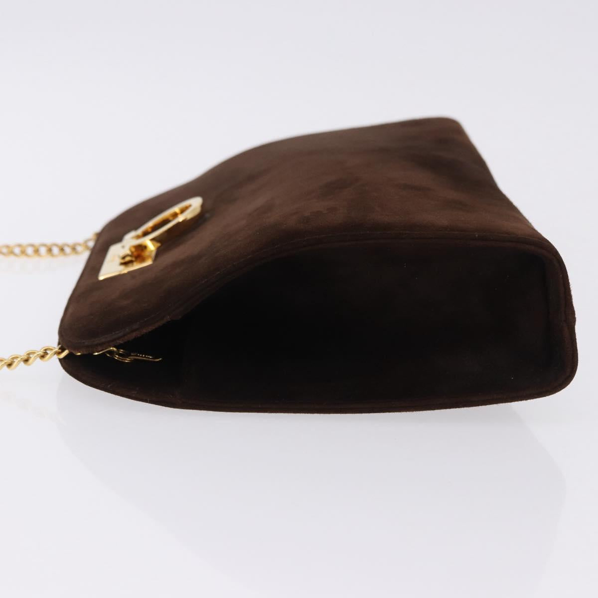 Salvatore Ferragamo Gancini Chain Shoulder Bag Suede Brown Gold Tone Auth gh2265
