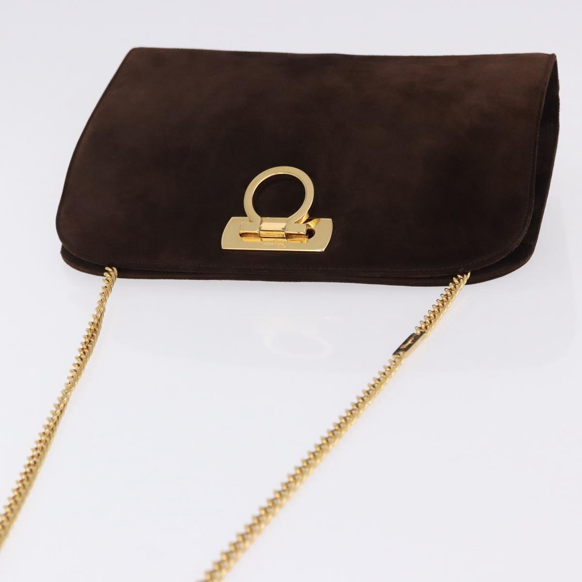 Salvatore Ferragamo Gancini Chain Shoulder Bag Suede Brown Gold Tone Auth gh2265