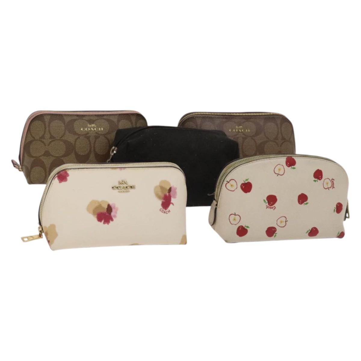 Coach Signature Pouch PVC Leather 5Set Beige White Auth gh227