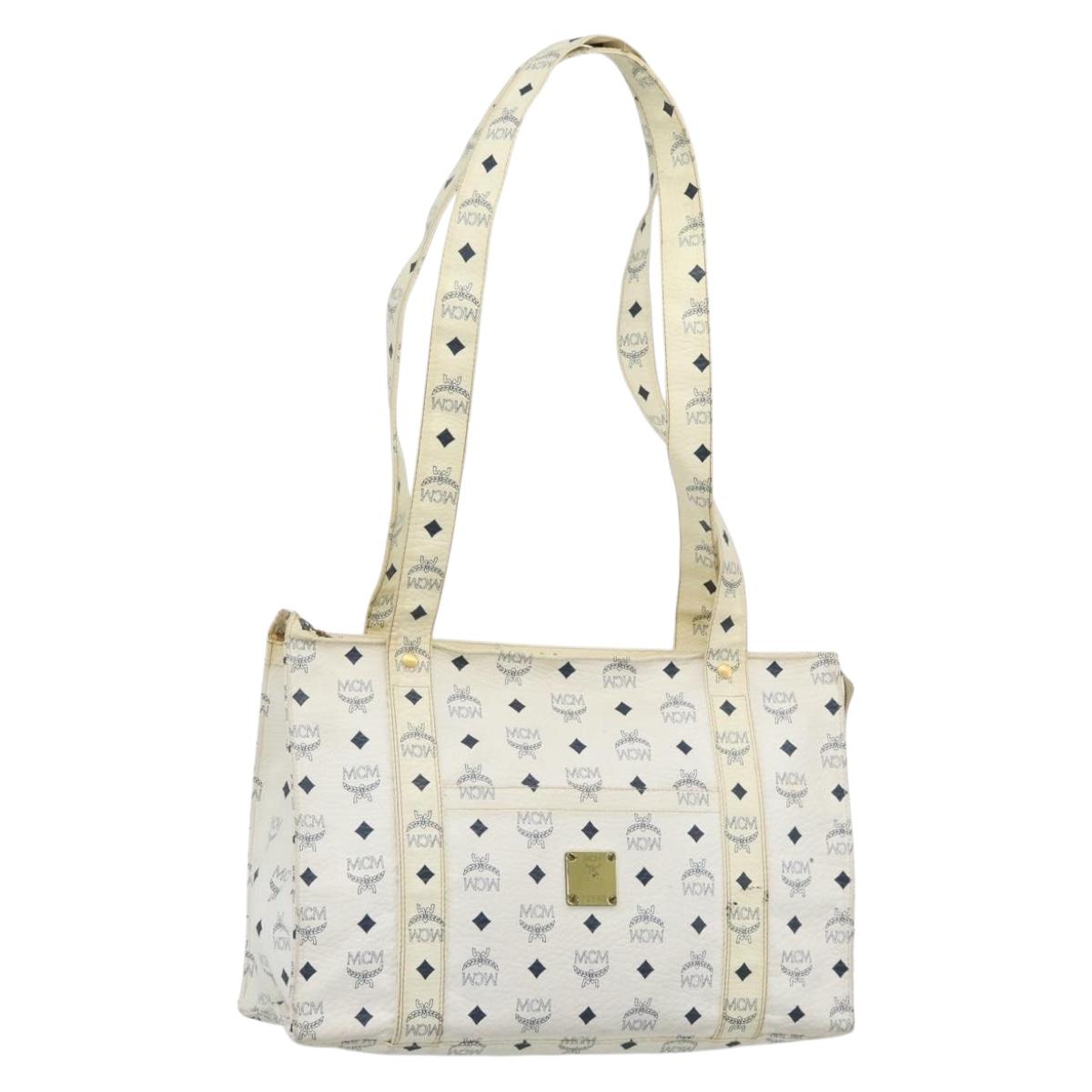 MCM Vicetos Tote Bag PVC Leather White Gold Tone Auth gh2274