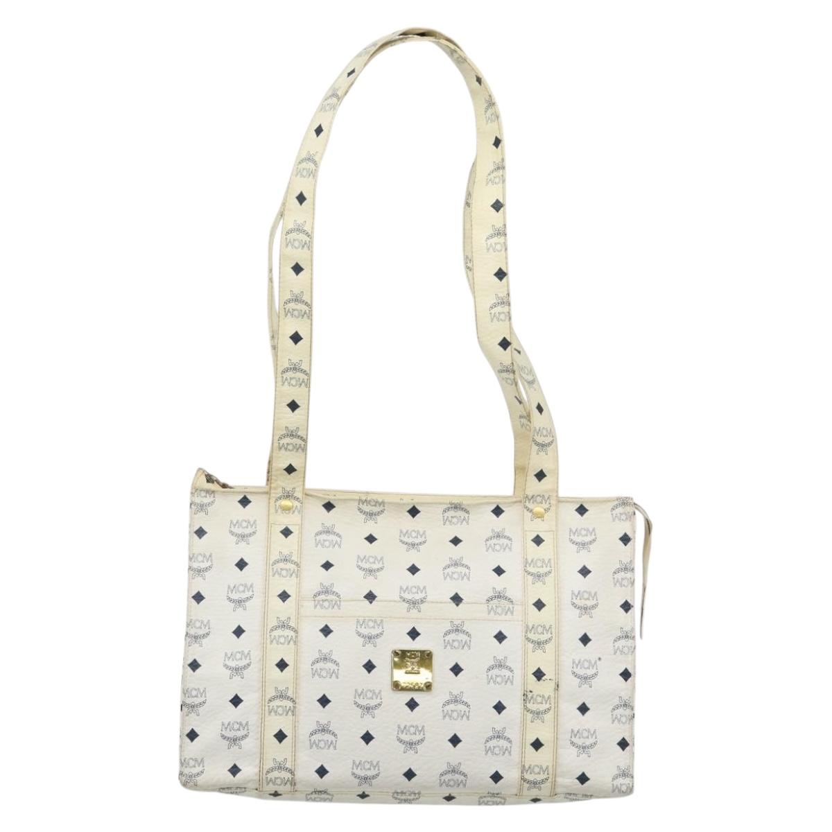 MCM Vicetos Tote Bag PVC Leather White Gold Tone Auth gh2274