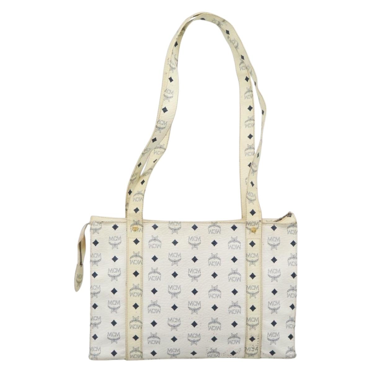 MCM Vicetos Tote Bag PVC Leather White Gold Tone Auth gh2274