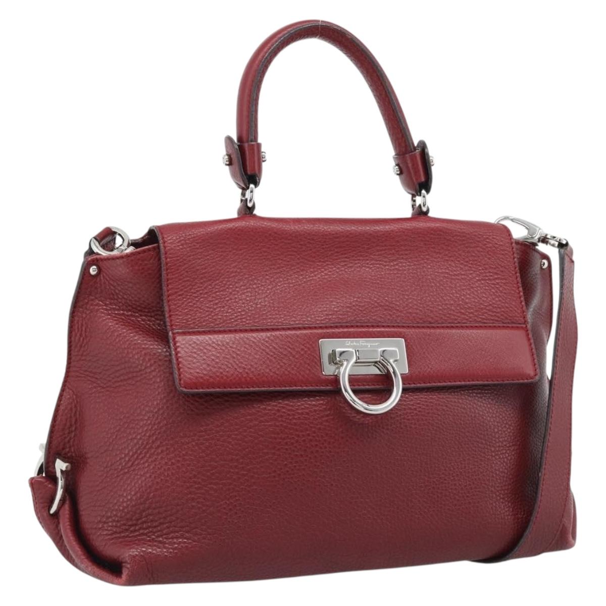 Salvatore Ferragamo Gancini Hand Bag Leather 2way Red Silver Auth gh2288A