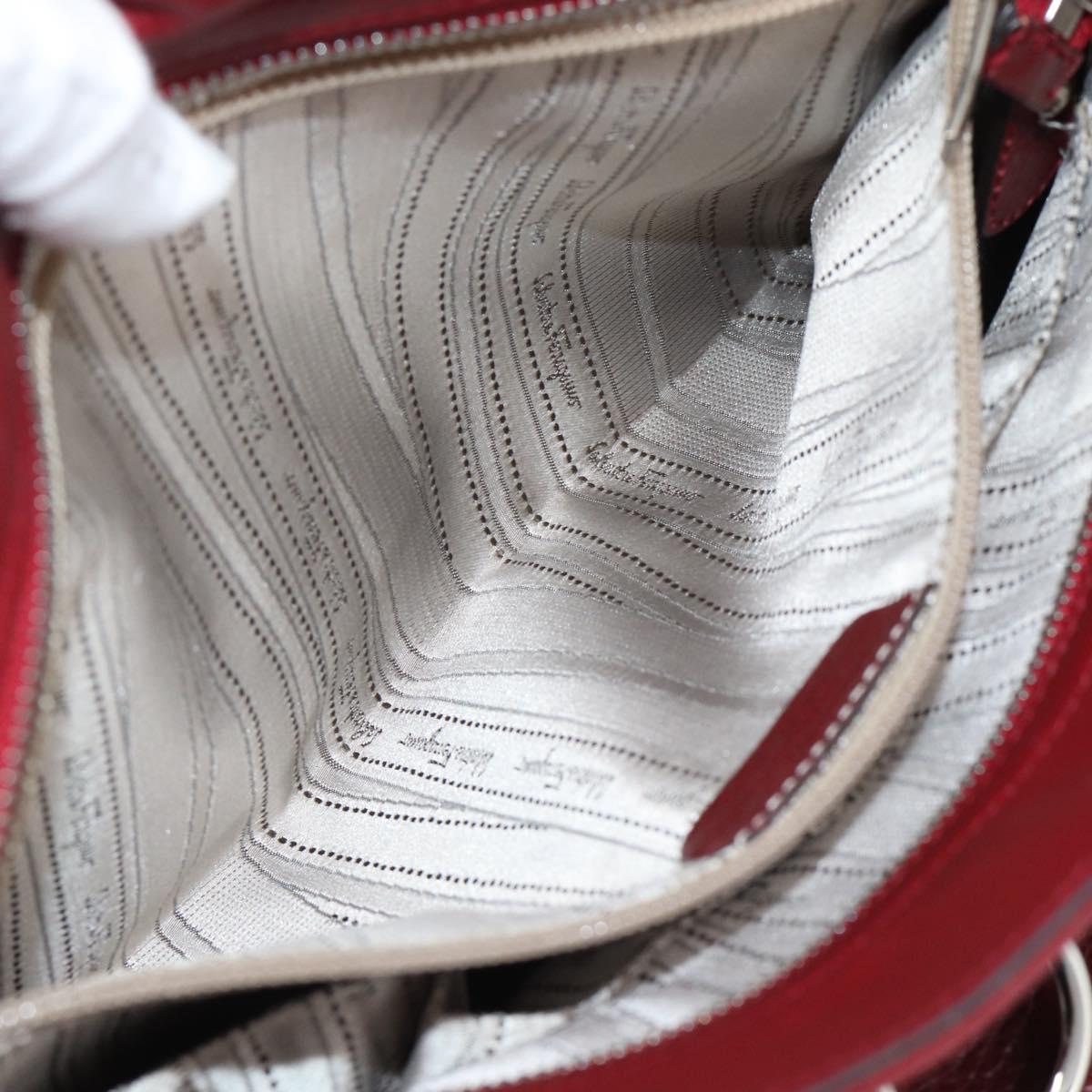 Salvatore Ferragamo Gancini Hand Bag Leather 2way Red Silver Auth gh2288A
