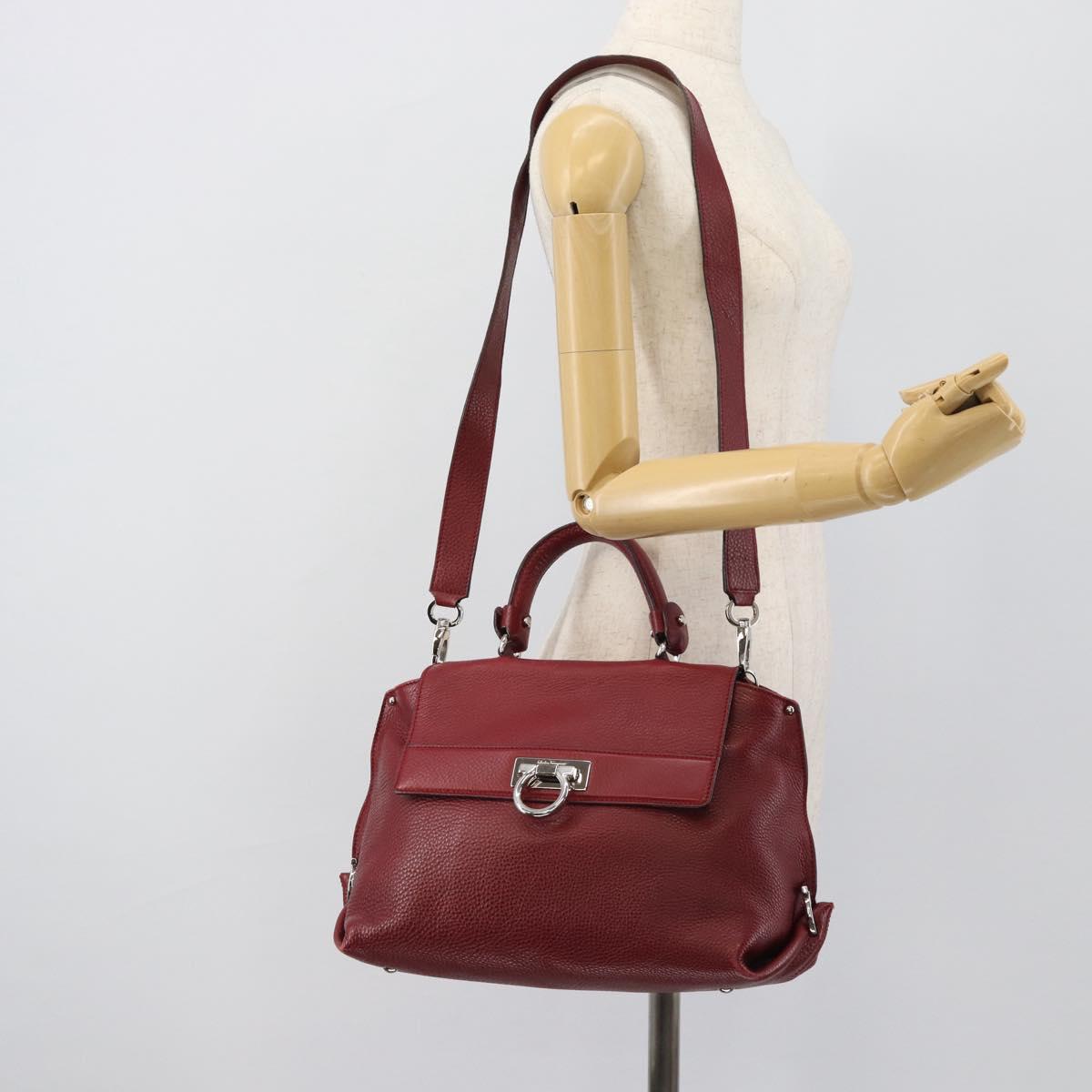 Salvatore Ferragamo Gancini Hand Bag Leather 2way Red Silver Auth gh2288A