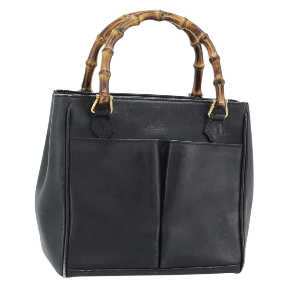 GUCCI Bamboo Hand Bag Leather Outlet Black Gold Tone 000 123 0316 Auth gh2298
