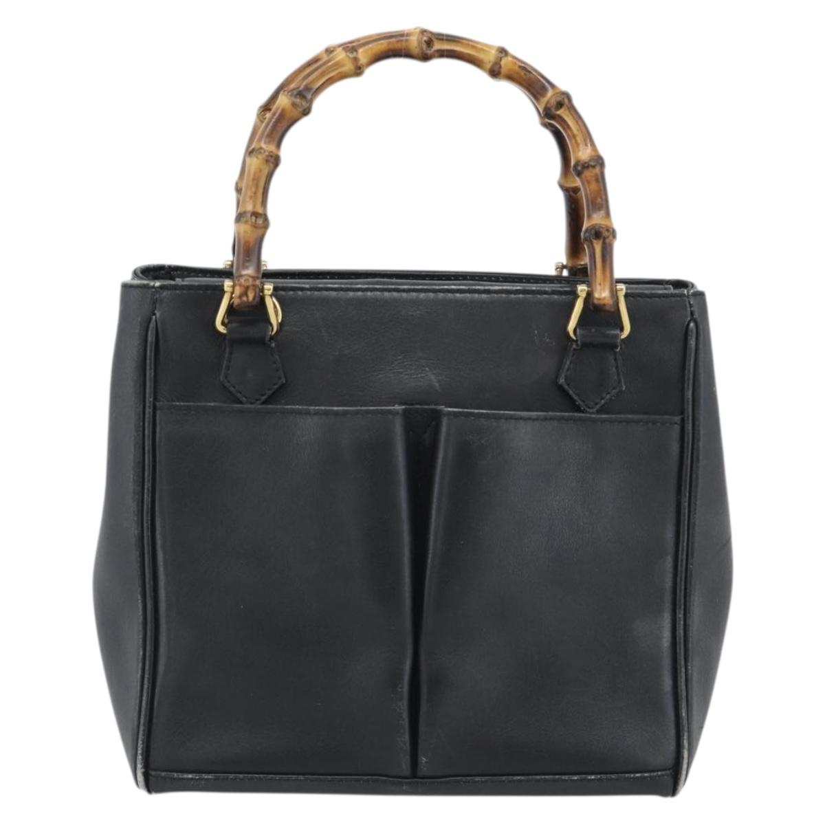 GUCCI Bamboo Hand Bag Leather Outlet Black Gold Tone 000 123 0316 Auth gh2298