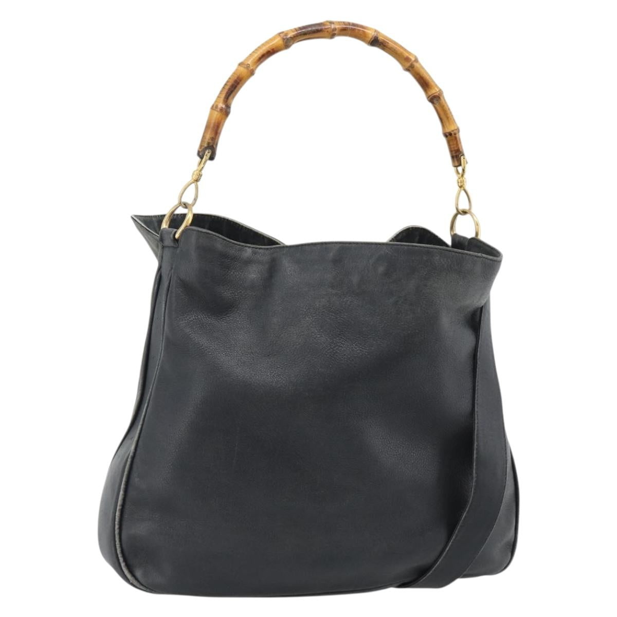 GUCCI Bamboo Hand Bag Leather 2way Black Gold Tone 001 1577 2615 Auth gh2300