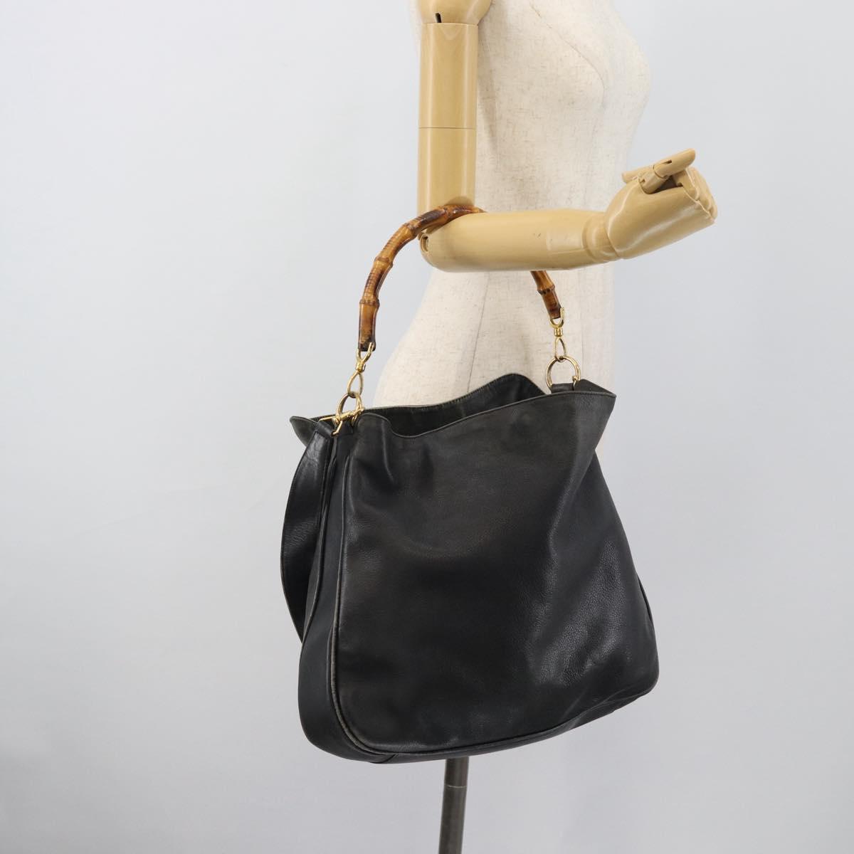 GUCCI Bamboo Hand Bag Leather 2way Black Gold Tone 001 1577 2615 Auth gh2300
