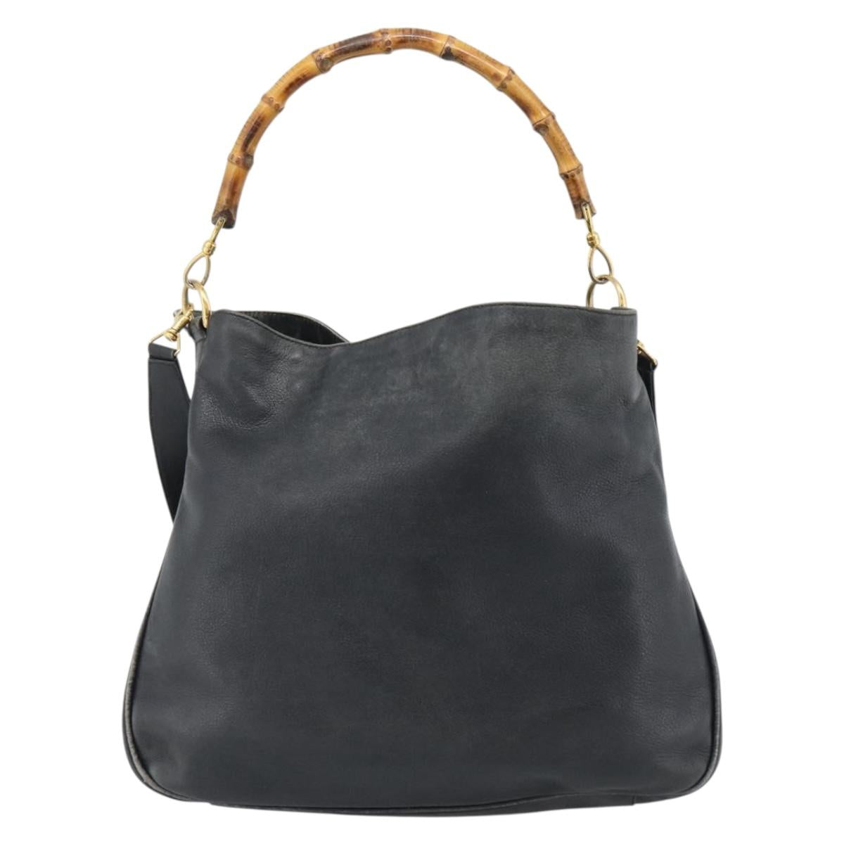 GUCCI Bamboo Hand Bag Leather 2way Black Gold Tone 001 1577 2615 Auth gh2300