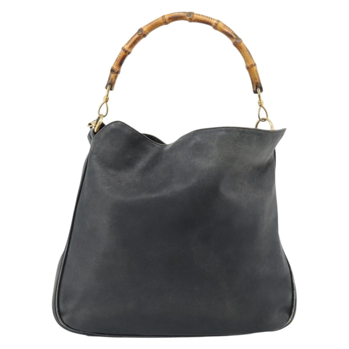 GUCCI Bamboo Hand Bag Leather 2way Black Gold Tone 001 1577 2615 Auth gh2300