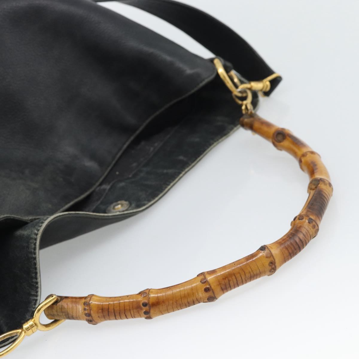GUCCI Bamboo Hand Bag Leather 2way Black Gold Tone 001 1577 2615 Auth gh2300