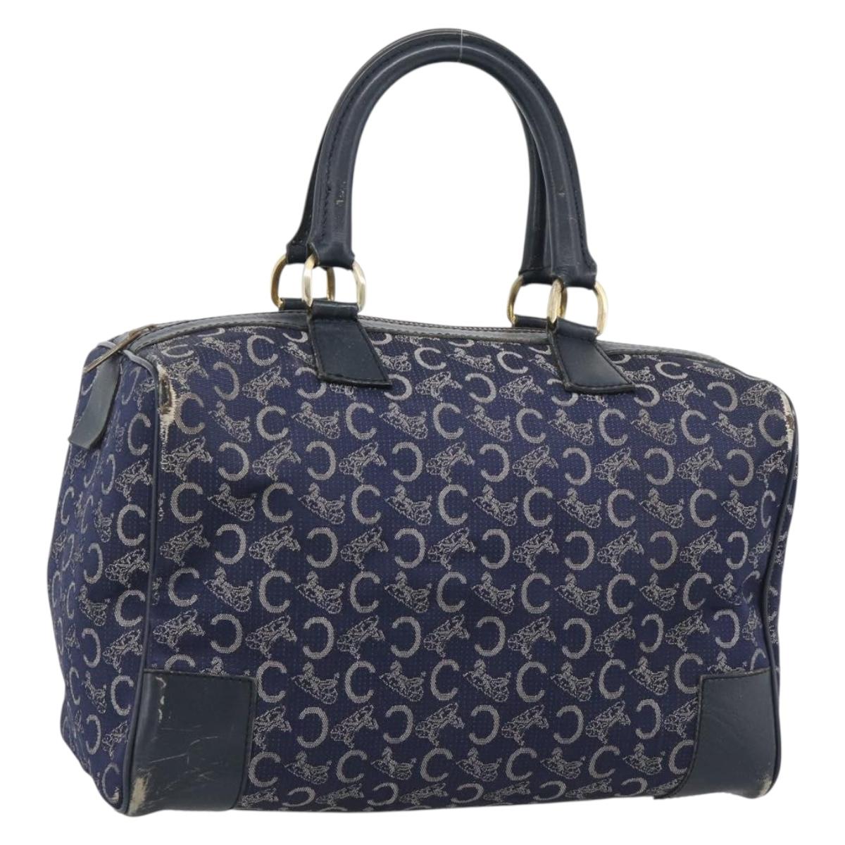 CELINE C Sulky Hand Bag Canvas Navy Gold Tone Auth gh2303