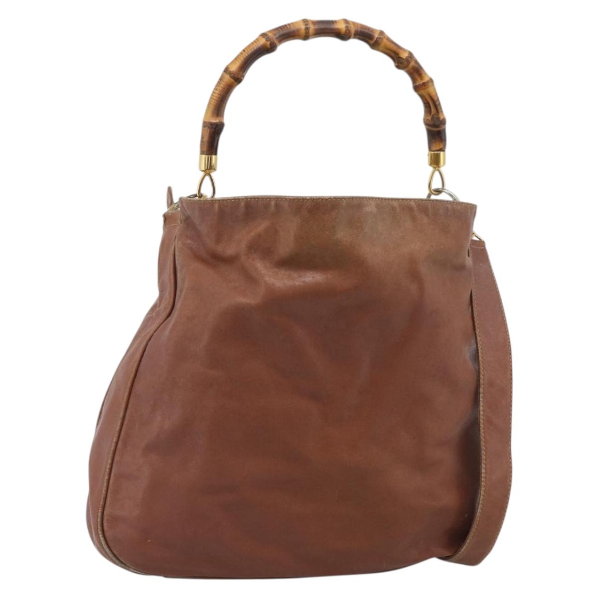 GUCCI Bamboo Hand Bag Leather 2way Brown Gold Tone Auth gh2330