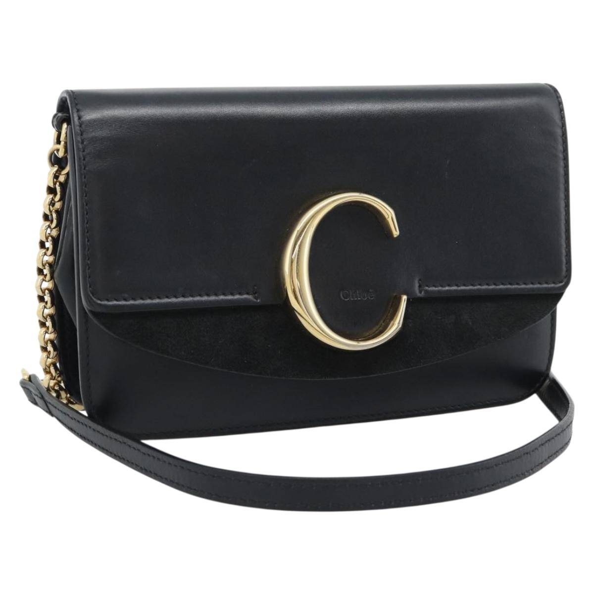 Chloe Chain Shoulder Bag Leather Black Gold Tone Auth gh2335A