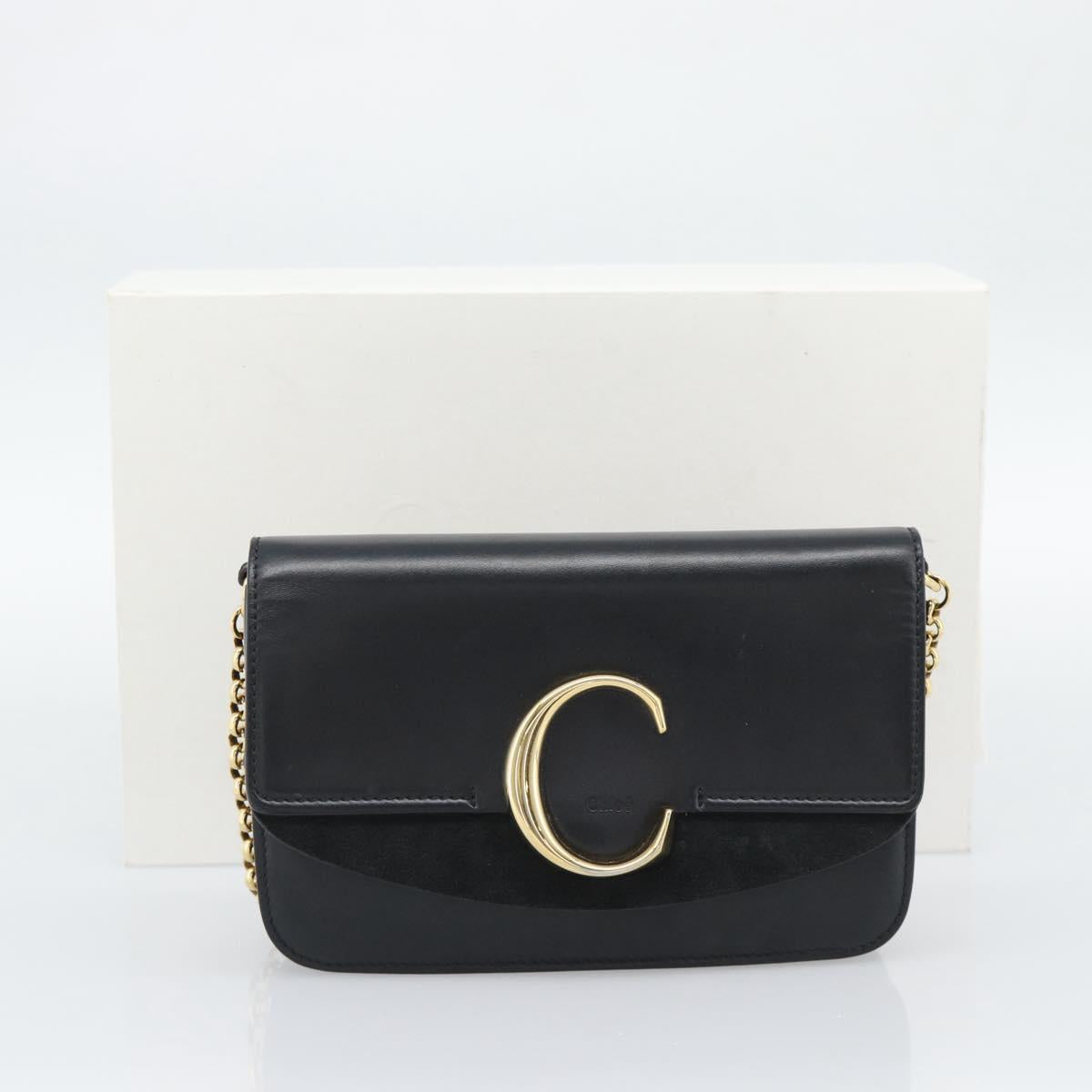 Chloe Chain Shoulder Bag Leather Black Gold Tone Auth gh2335A