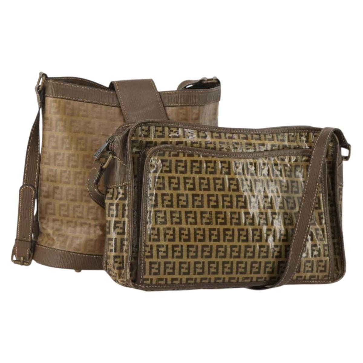 FENDI Zucchino Shoulder Bag PVC Leather 2 Set Brown Gold Tone Auth gh2337