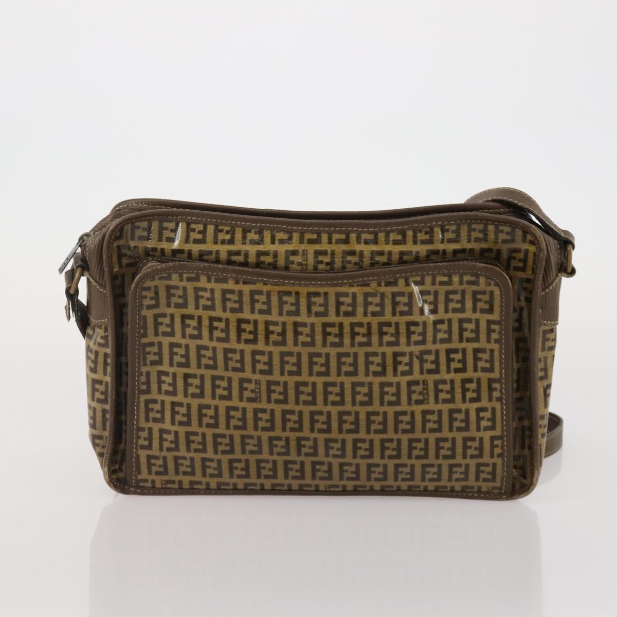 FENDI Zucchino Shoulder Bag PVC Leather 2 Set Brown Gold Tone Auth gh2337