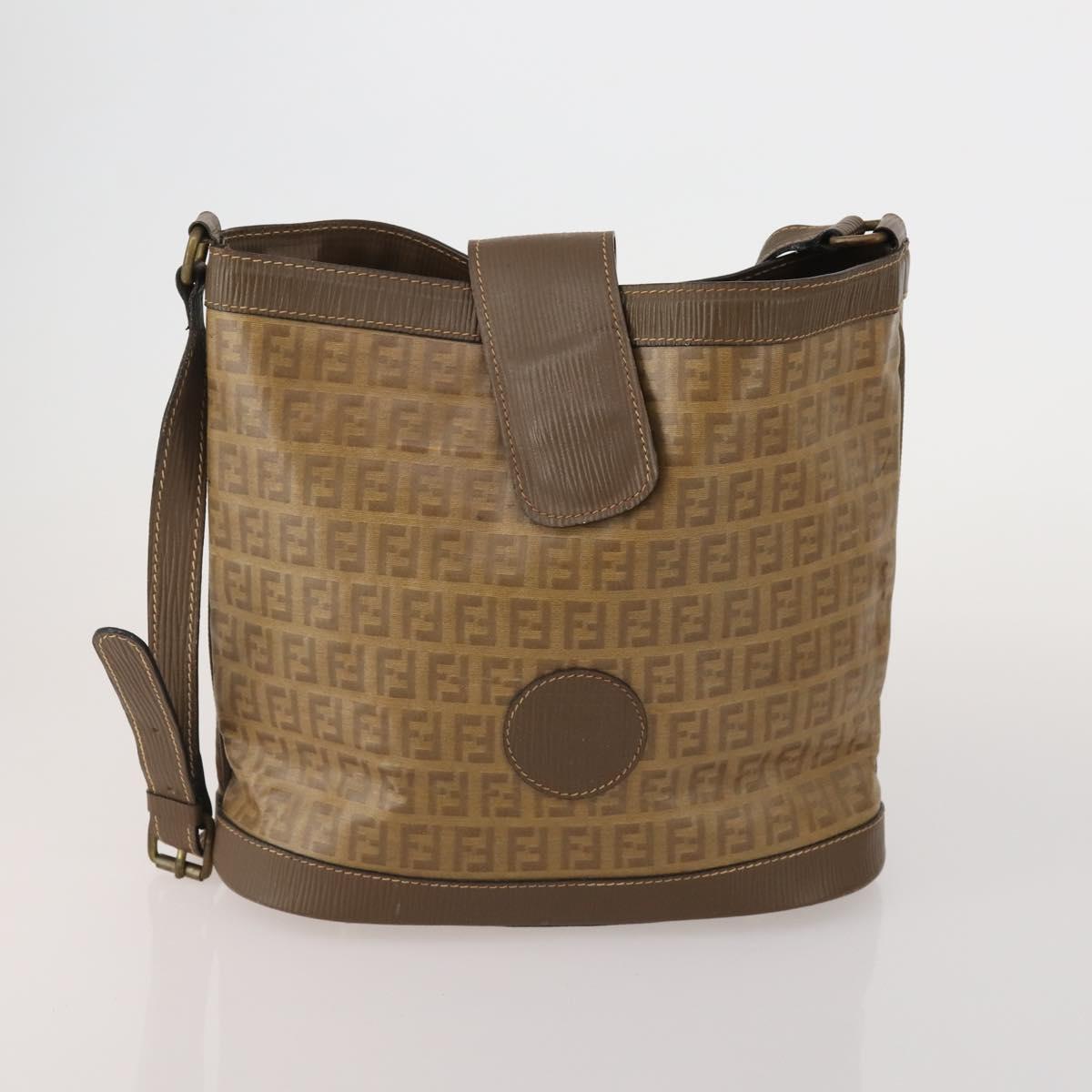 FENDI Zucchino Shoulder Bag PVC Leather 2 Set Brown Gold Tone Auth gh2337