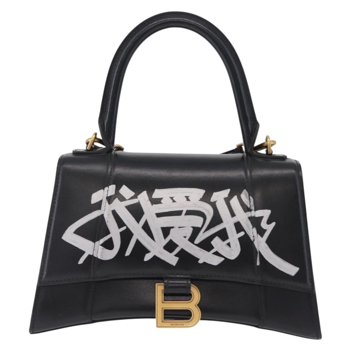 BALENCIAGA Hour Glass Small Hand Bag Leather 2way Black Gold 693546 Auth gh2347V