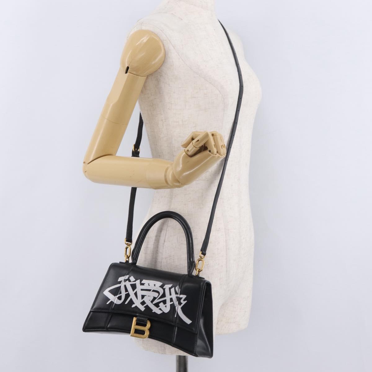 BALENCIAGA Hour Glass Small Hand Bag Leather 2way Black Gold 693546 Auth gh2347V