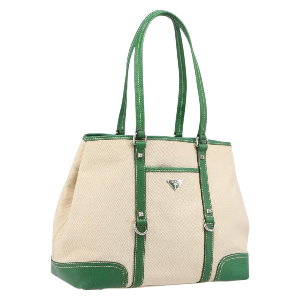 PRADA Tote Bag Canvas Beige Green Auth gh2350
