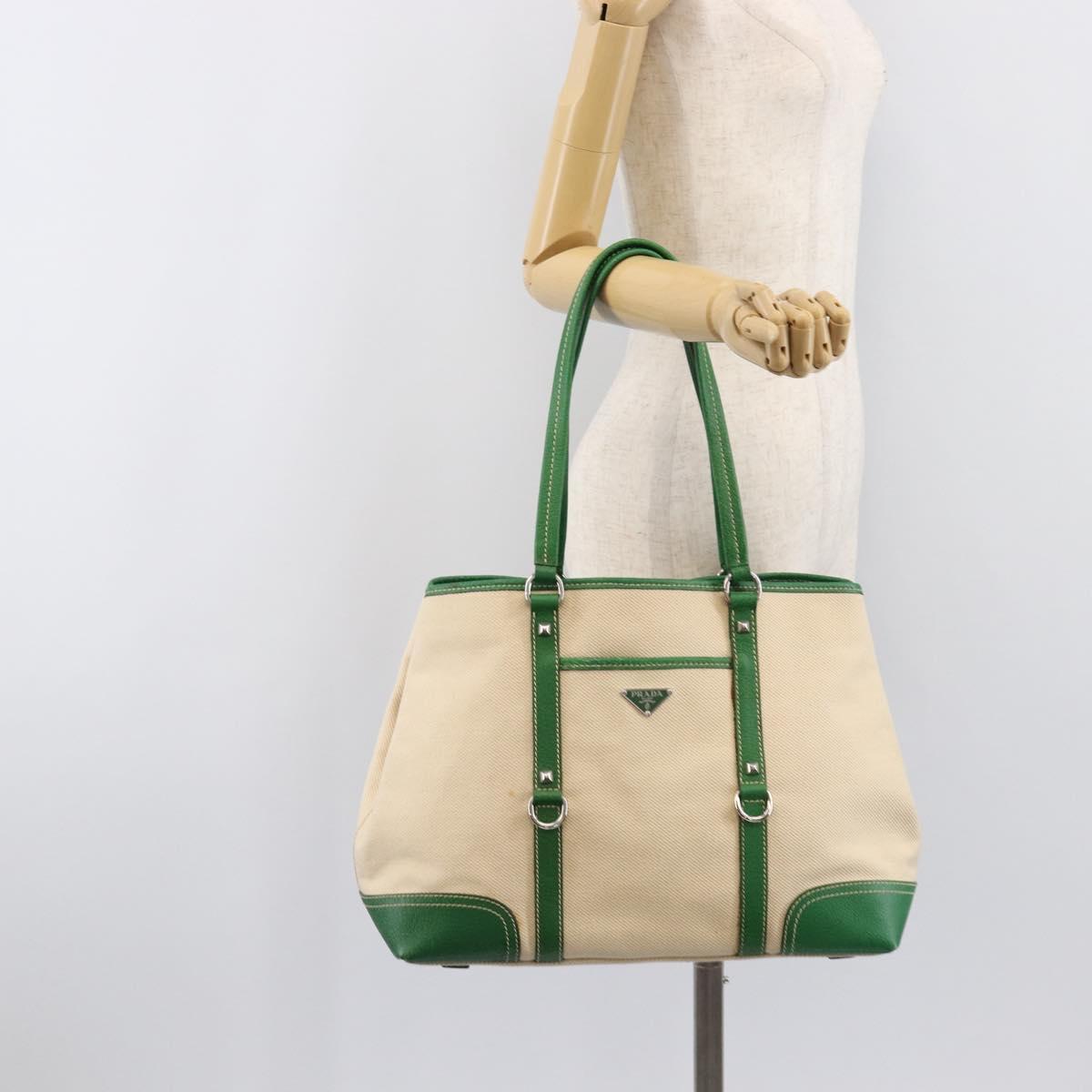 PRADA Tote Bag Canvas Beige Green Auth gh2350