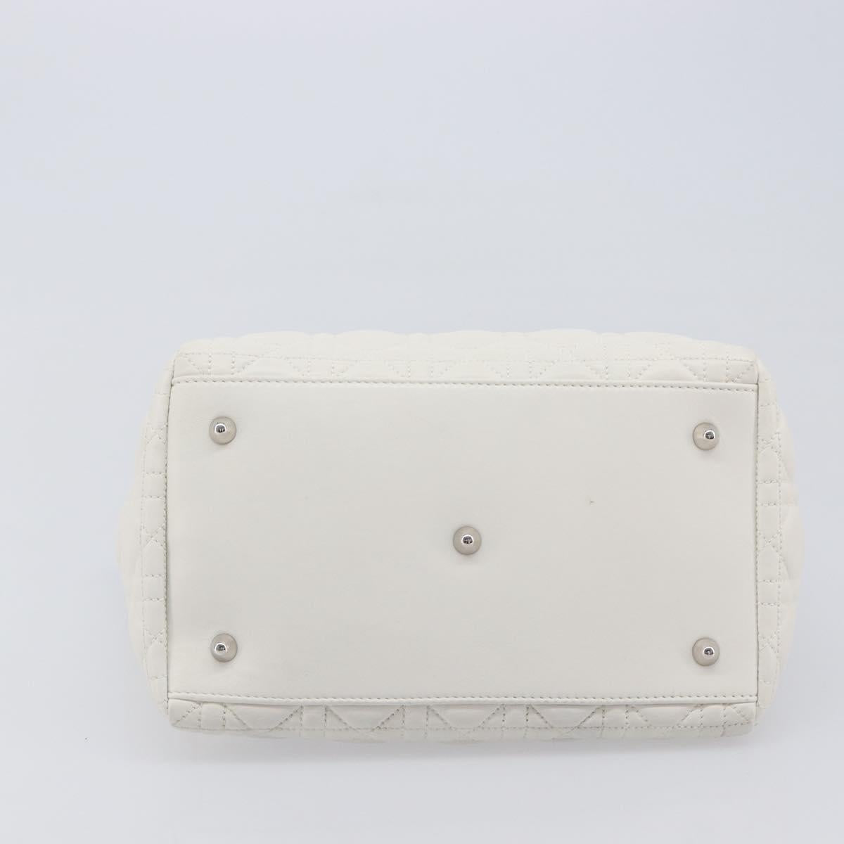 Christian Dior Lady Dior Canage Hand Bag Lamb Skin White Silver Auth gh2352V
