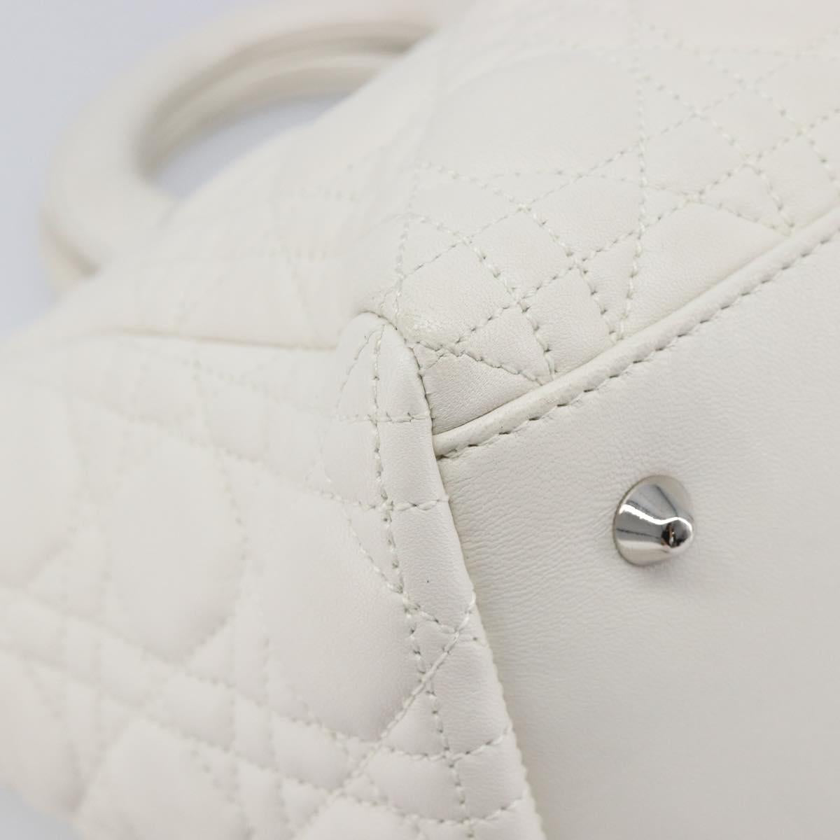 Christian Dior Lady Dior Canage Hand Bag Lamb Skin White Silver Auth gh2352V