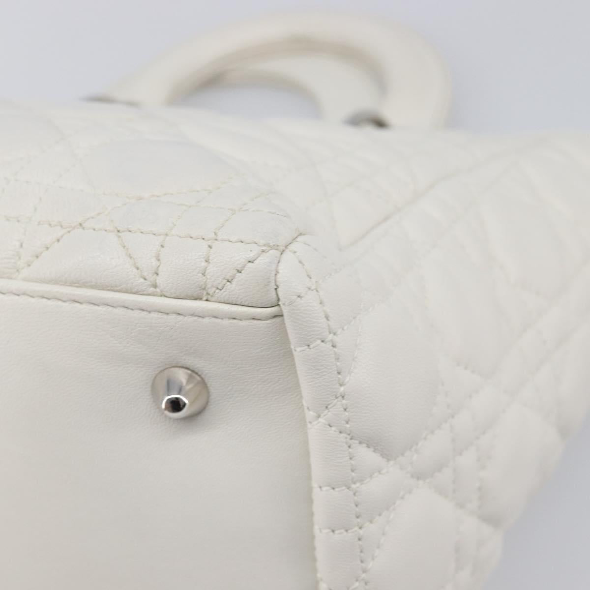 Christian Dior Lady Dior Canage Hand Bag Lamb Skin White Silver Auth gh2352V