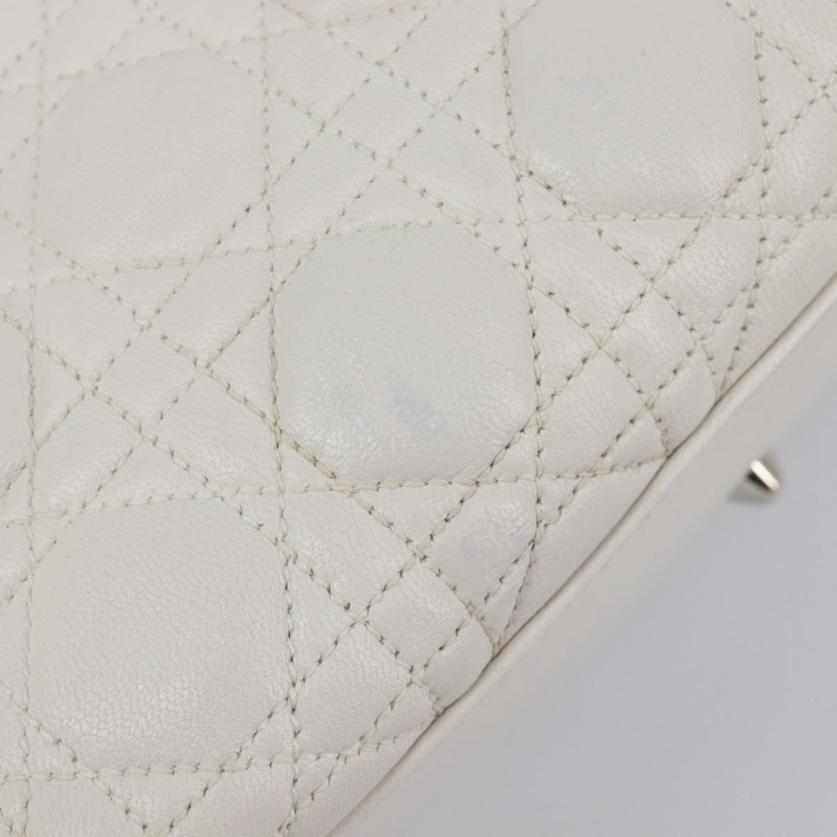 Christian Dior Lady Dior Canage Hand Bag Lamb Skin White Silver Auth gh2352V