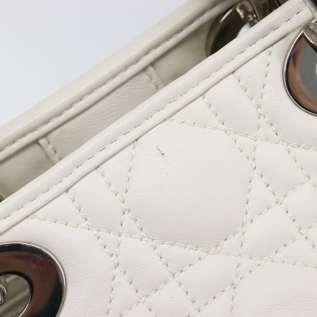 Christian Dior Lady Dior Canage Hand Bag Lamb Skin White Silver Auth gh2352V