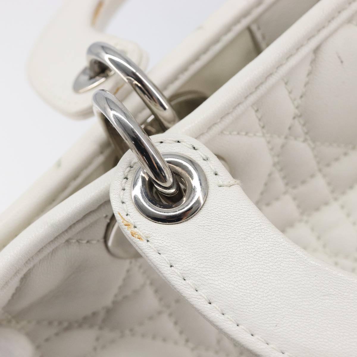 Christian Dior Lady Dior Canage Hand Bag Lamb Skin White Silver Auth gh2352V