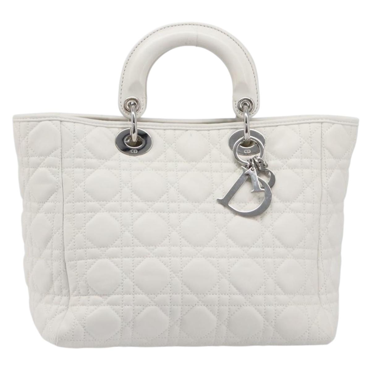 Christian Dior Lady Dior Canage Hand Bag Lamb Skin White Silver Auth gh2352V