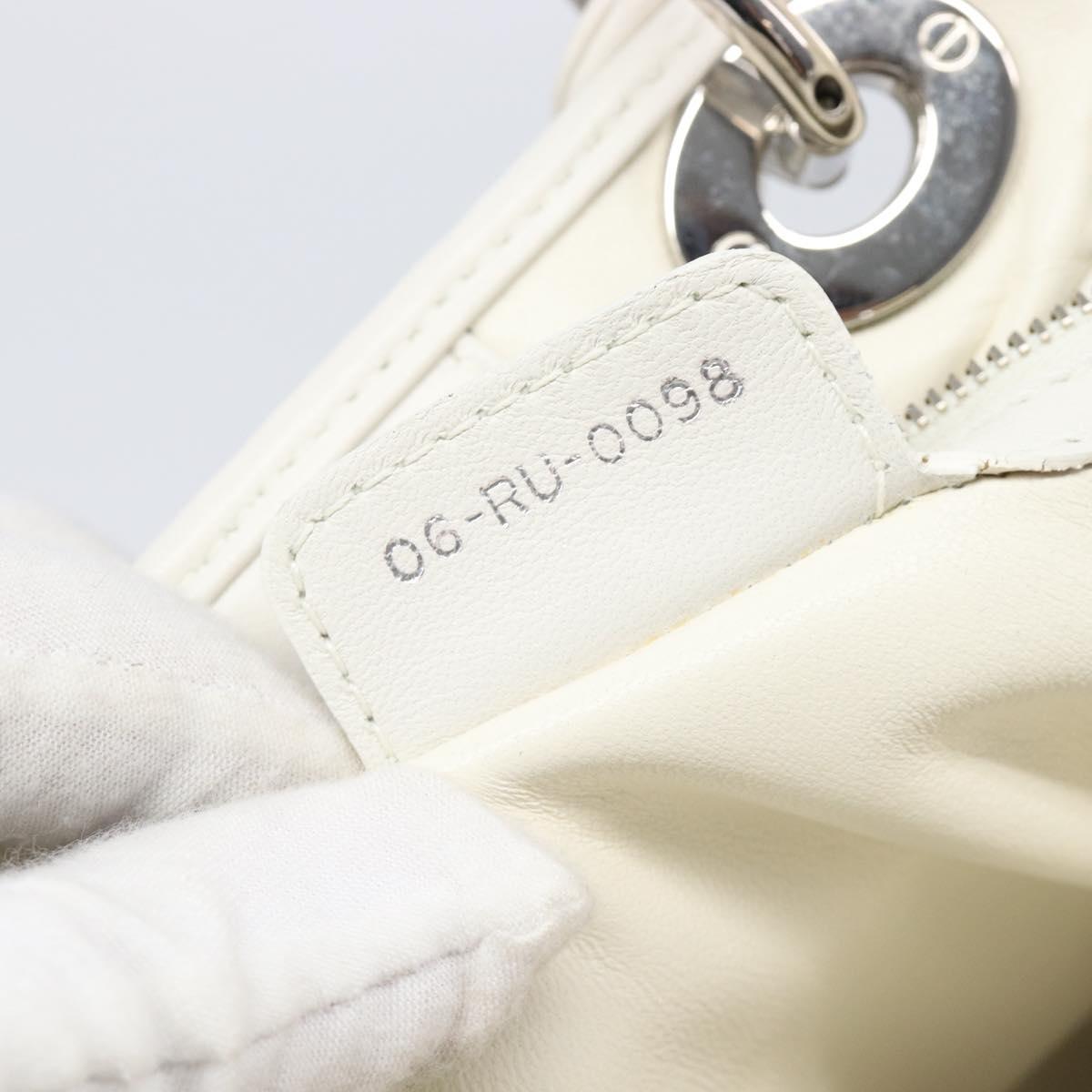 Christian Dior Lady Dior Canage Hand Bag Lamb Skin White Silver Auth gh2352V