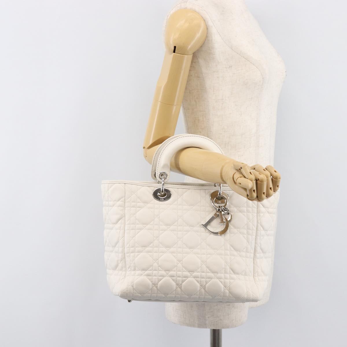 Christian Dior Lady Dior Canage Hand Bag Lamb Skin White Silver Auth gh2352V