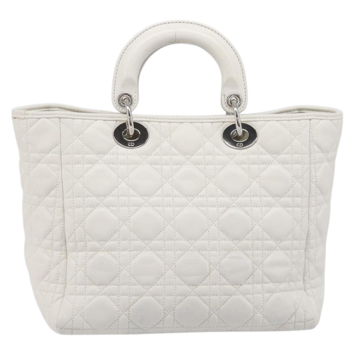 Christian Dior Lady Dior Canage Hand Bag Lamb Skin White Silver Auth gh2352V