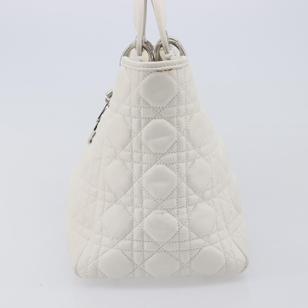 Christian Dior Lady Dior Canage Hand Bag Lamb Skin White Silver Auth gh2352V