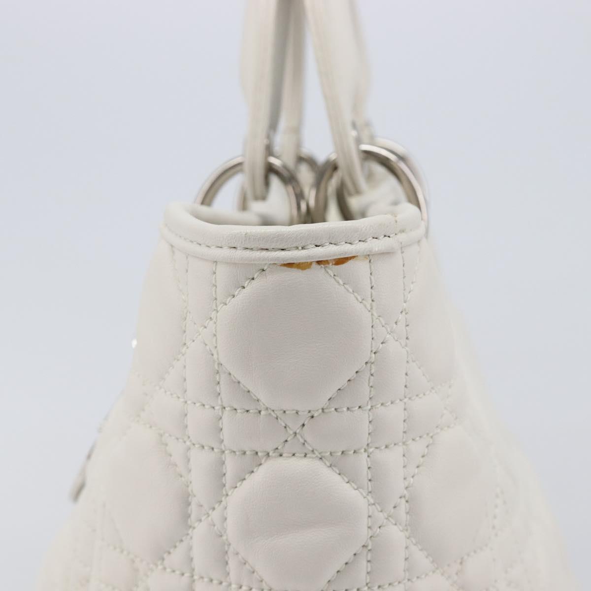Christian Dior Lady Dior Canage Hand Bag Lamb Skin White Silver Auth gh2352V