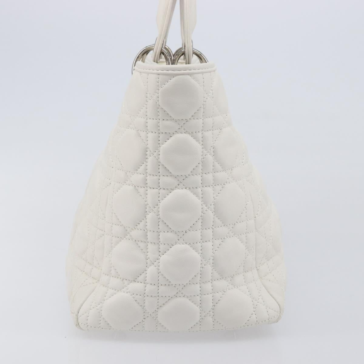 Christian Dior Lady Dior Canage Hand Bag Lamb Skin White Silver Auth gh2352V