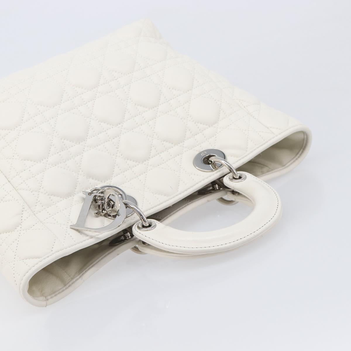 Christian Dior Lady Dior Canage Hand Bag Lamb Skin White Silver Auth gh2352V