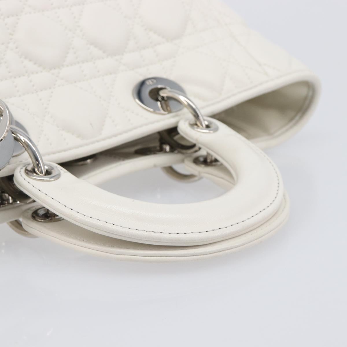 Christian Dior Lady Dior Canage Hand Bag Lamb Skin White Silver Auth gh2352V