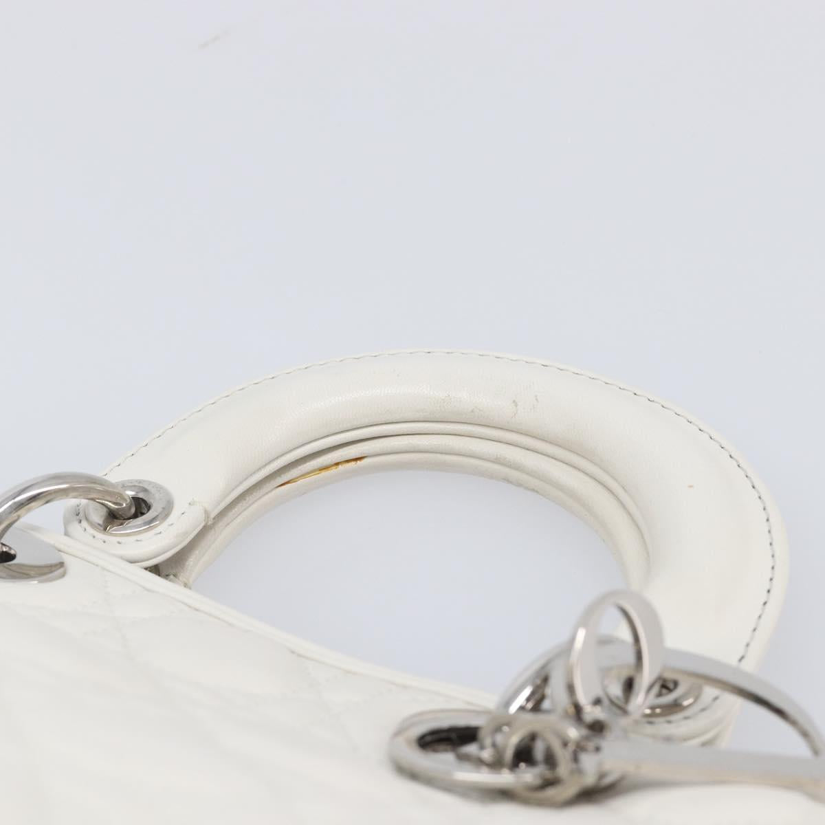 Christian Dior Lady Dior Canage Hand Bag Lamb Skin White Silver Auth gh2352V