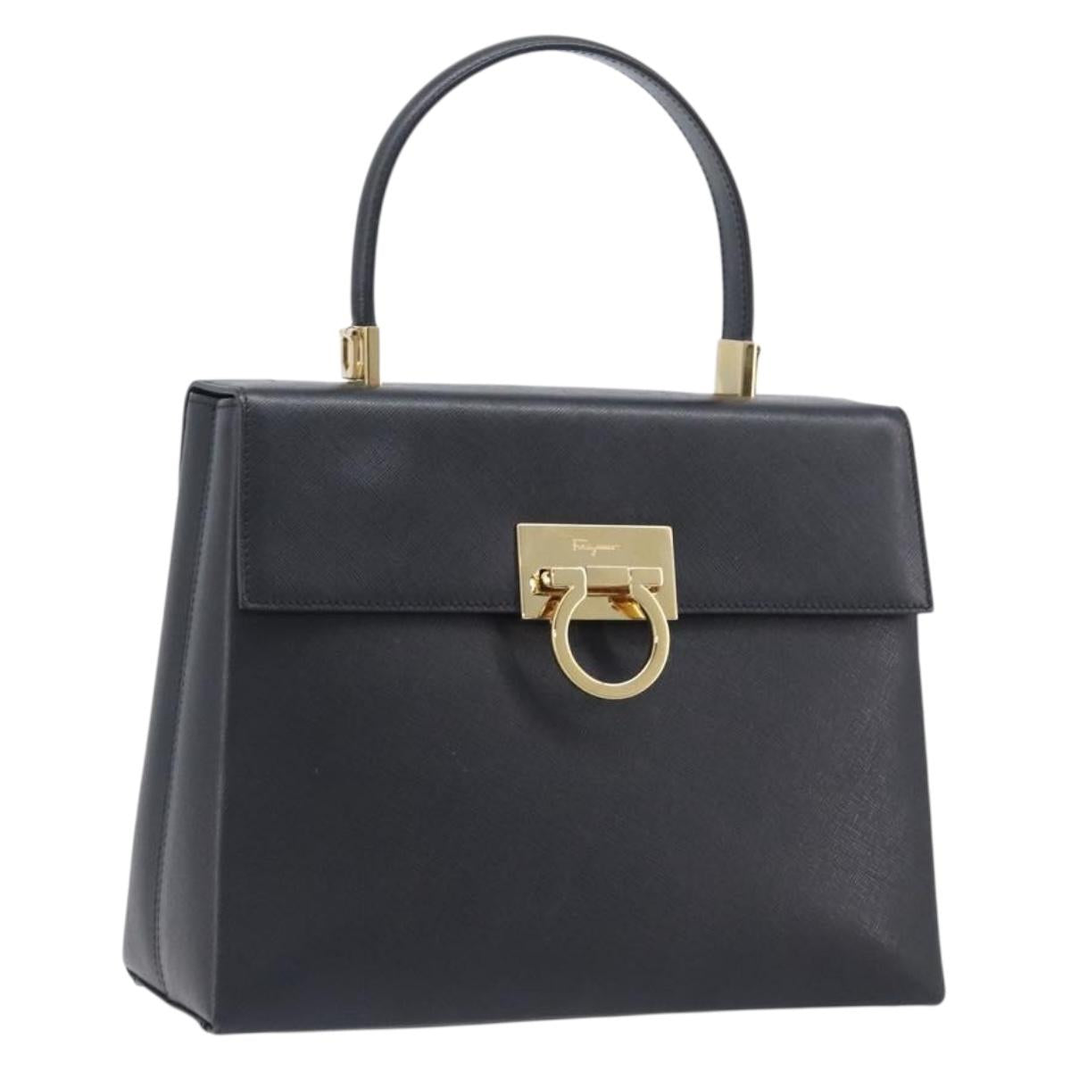 Salvatore Ferragamo Gancini Hand Bag Leather Black Gold Tone Auth gh2360