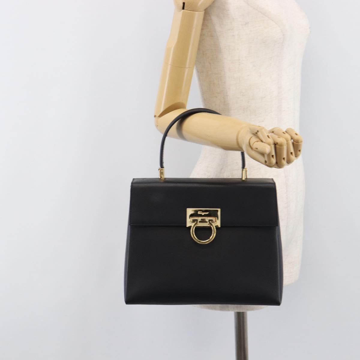 Salvatore Ferragamo Gancini Hand Bag Leather Black Gold Tone Auth gh2360